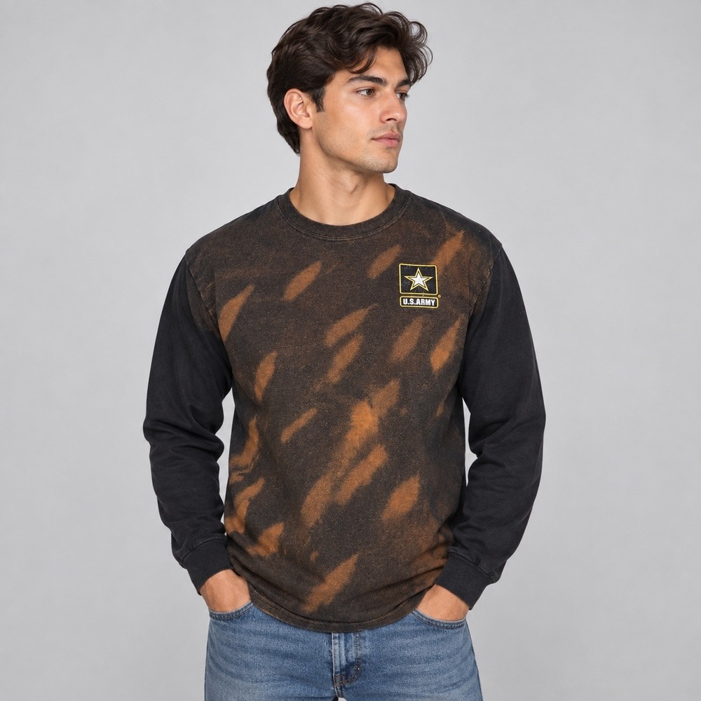 US Army T-Shirt Mens Medium Black Yellow Bleach Acid Wash Long Sleeve Y2K Tee